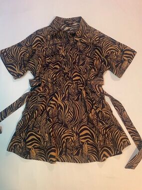 Banana Republic Linen Utility Dress Zebra Print Safari Shirt Dress M